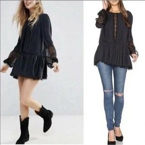 FREE PEOPLE Soul Serene Black Polka Dot Chiffon Trim Tunic Top sz XS
